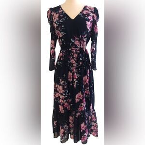 Eliza J Navy Midi Wrap Dress with Pink Floral Print